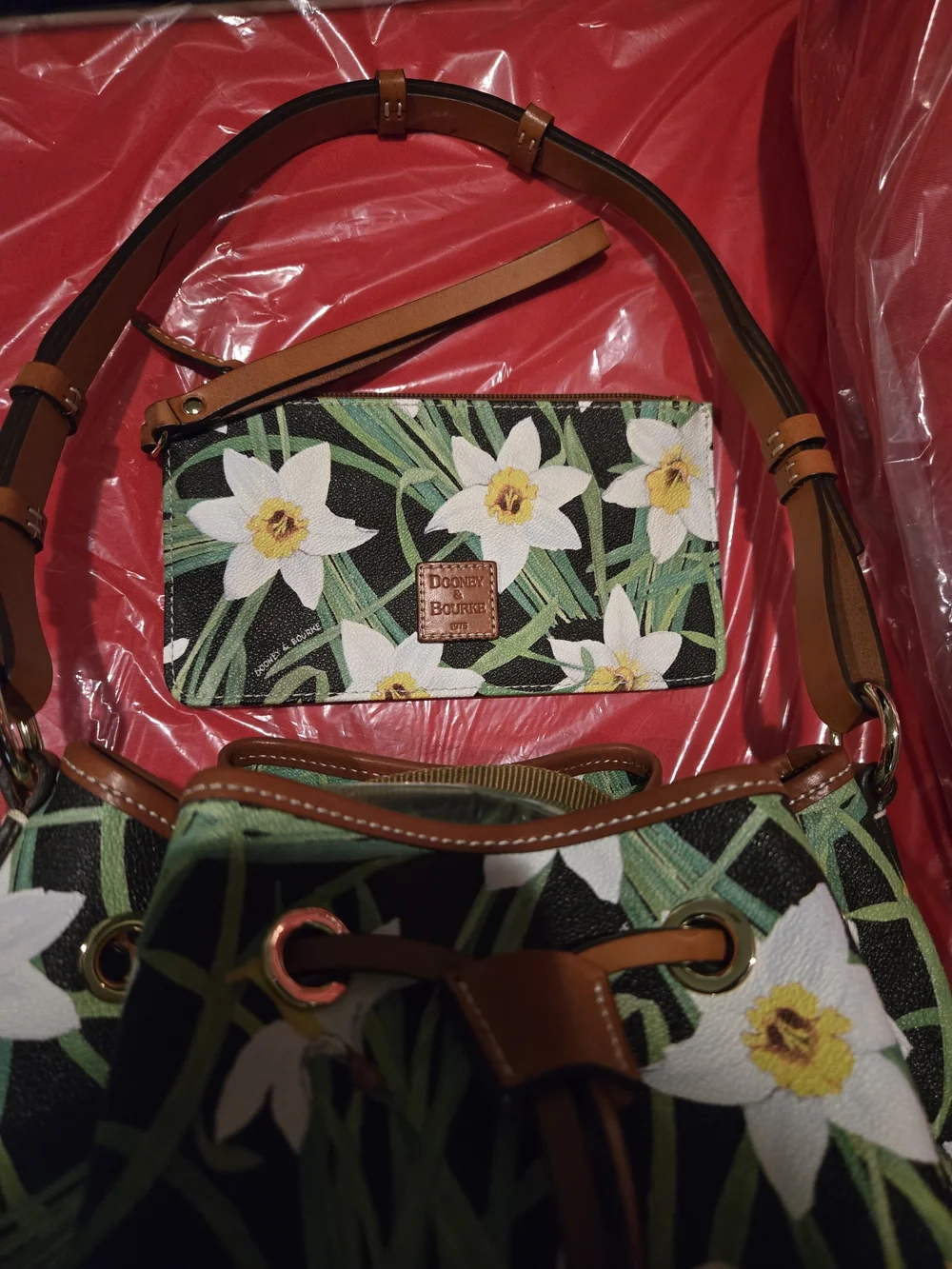 Dooney & Bourke Black Green Floral Drawstring Bucket Bag with Tan Trim. W/Pouch